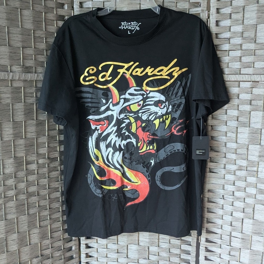 Ed Hardy Graphic T-Shirt Black Tiger Dragon Tattoo Art Mens Sz L NWT Streetwear